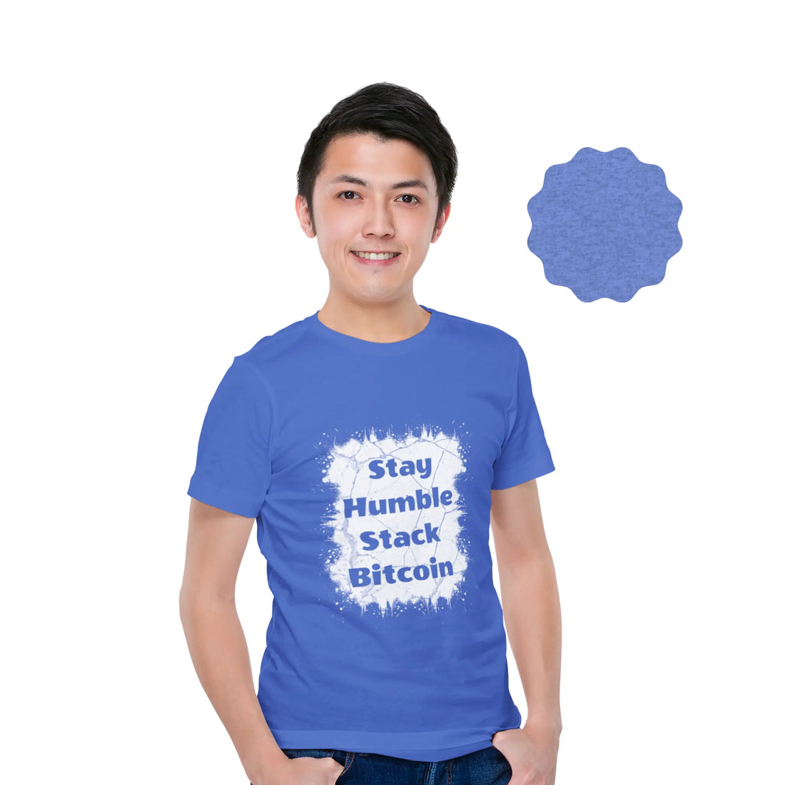 Stay Humble Stack Bitcoin Youth T-Shirt - Heather Columbia Blue - Bella Canvas 3001Y Model Front - Bitcoin Wear