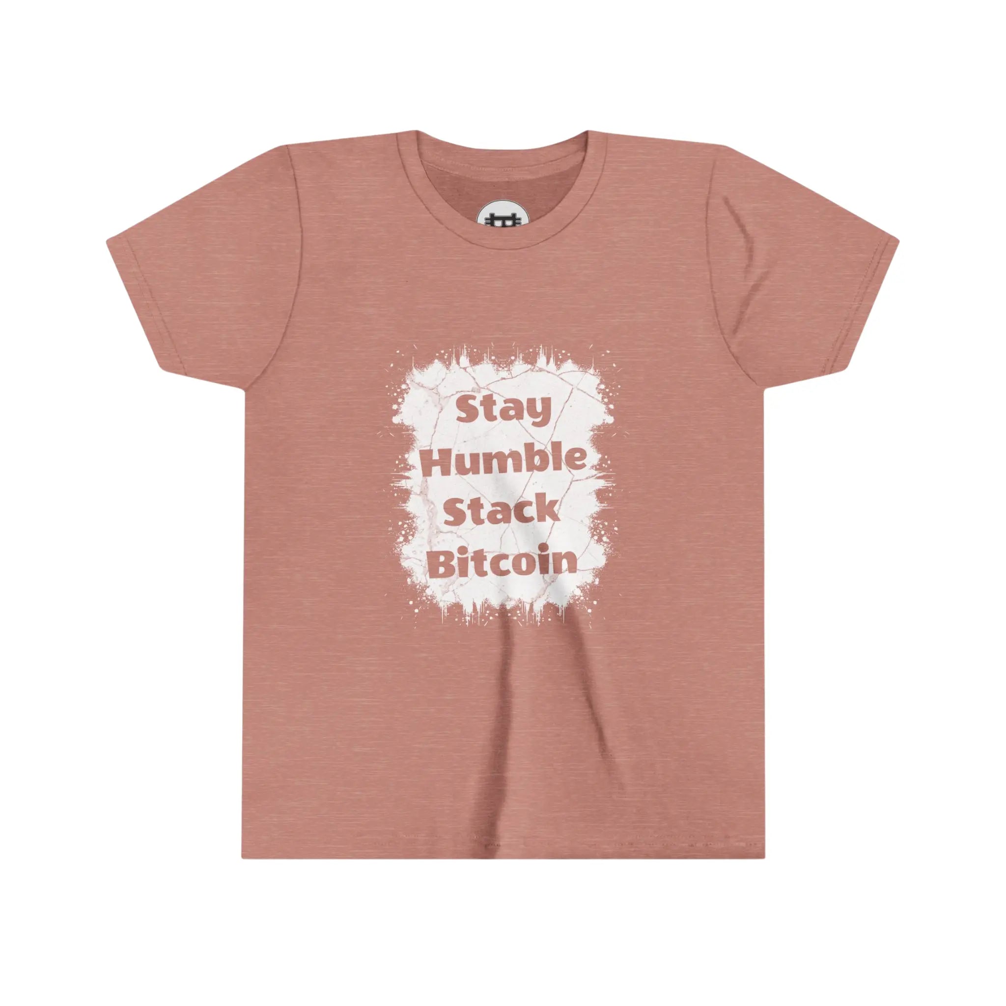 Stay Humble Stack Bitcoin Youth T-Shirt - Heather Mauve - Bella Canvas 3001Y Flat Design View - Bitcoin Gear