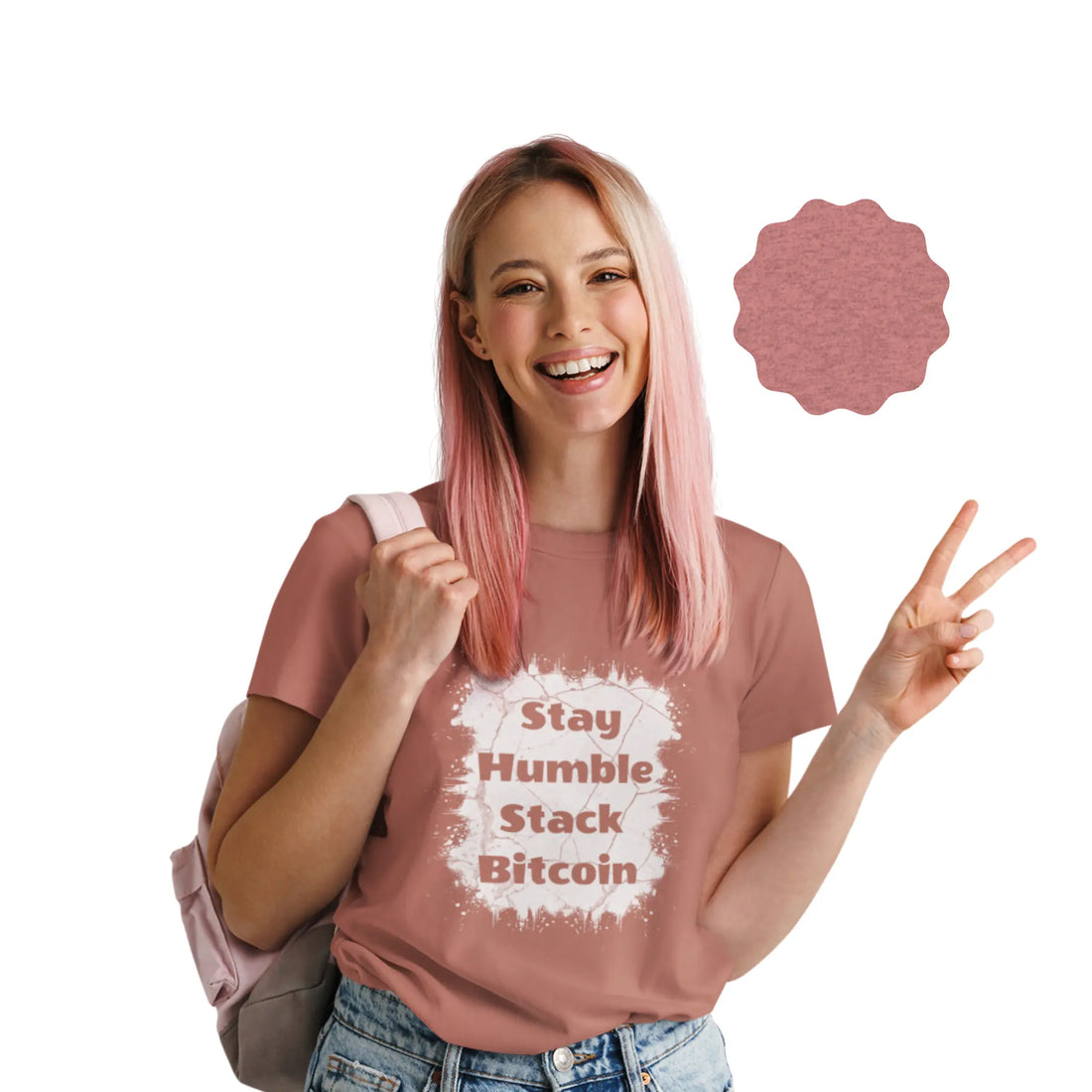 Stay Humble Stack Bitcoin Youth T-Shirt - Heather Mauve - Bella Canvas 3001Y Model Front View - Bitcoin Gear