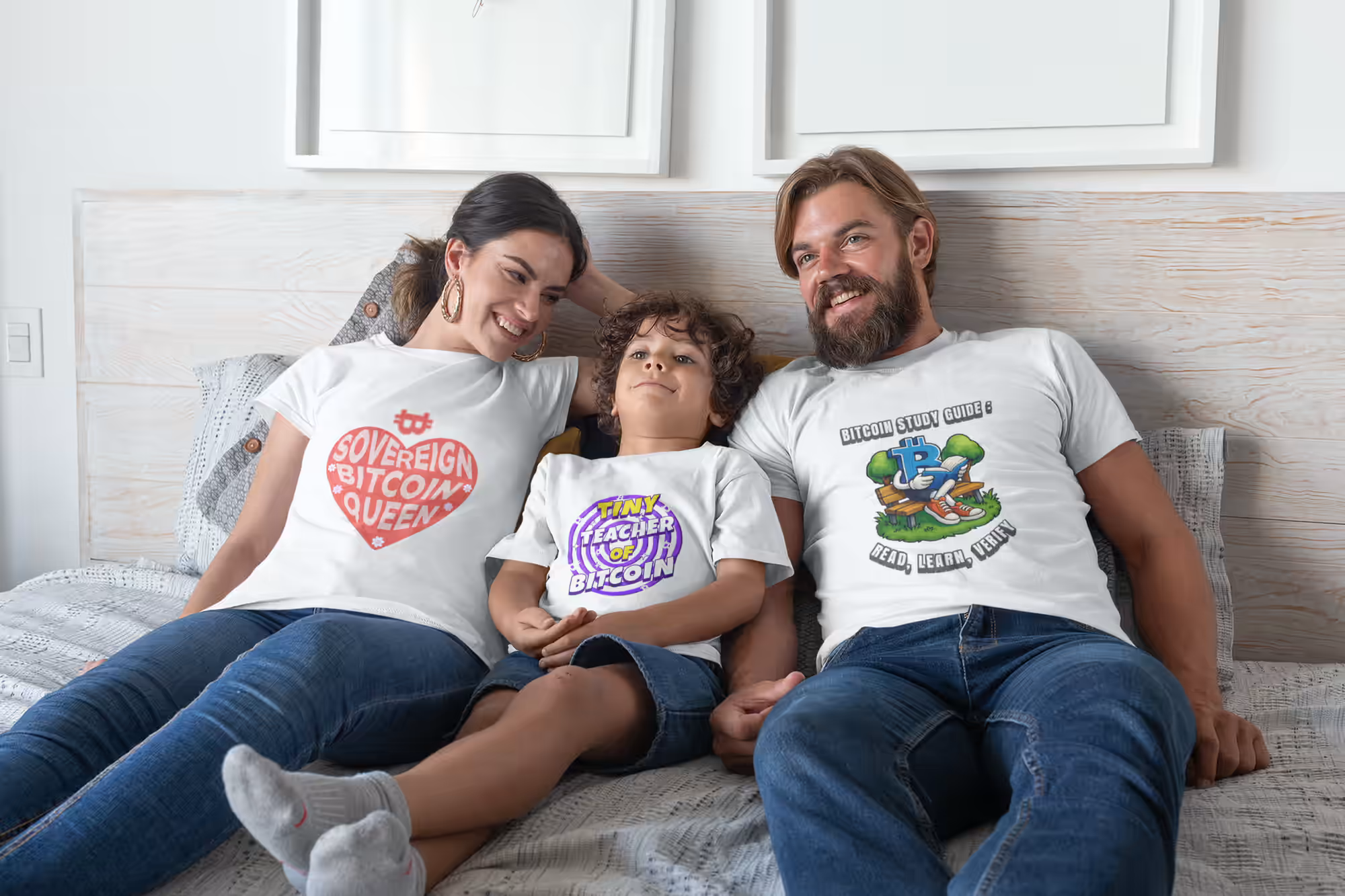 A happy family of three wearing white Bitcoin graphic t-shirts while relaxing on a bed. Bitcoin Merch hero banner.