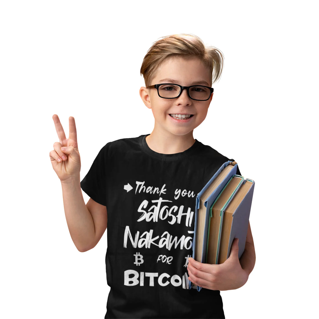 Thank You Satoshi Nakamoto For Bitcoin Kids T-Shirt - Black - LAT 6101 Model Front View - Bitcoin Gear