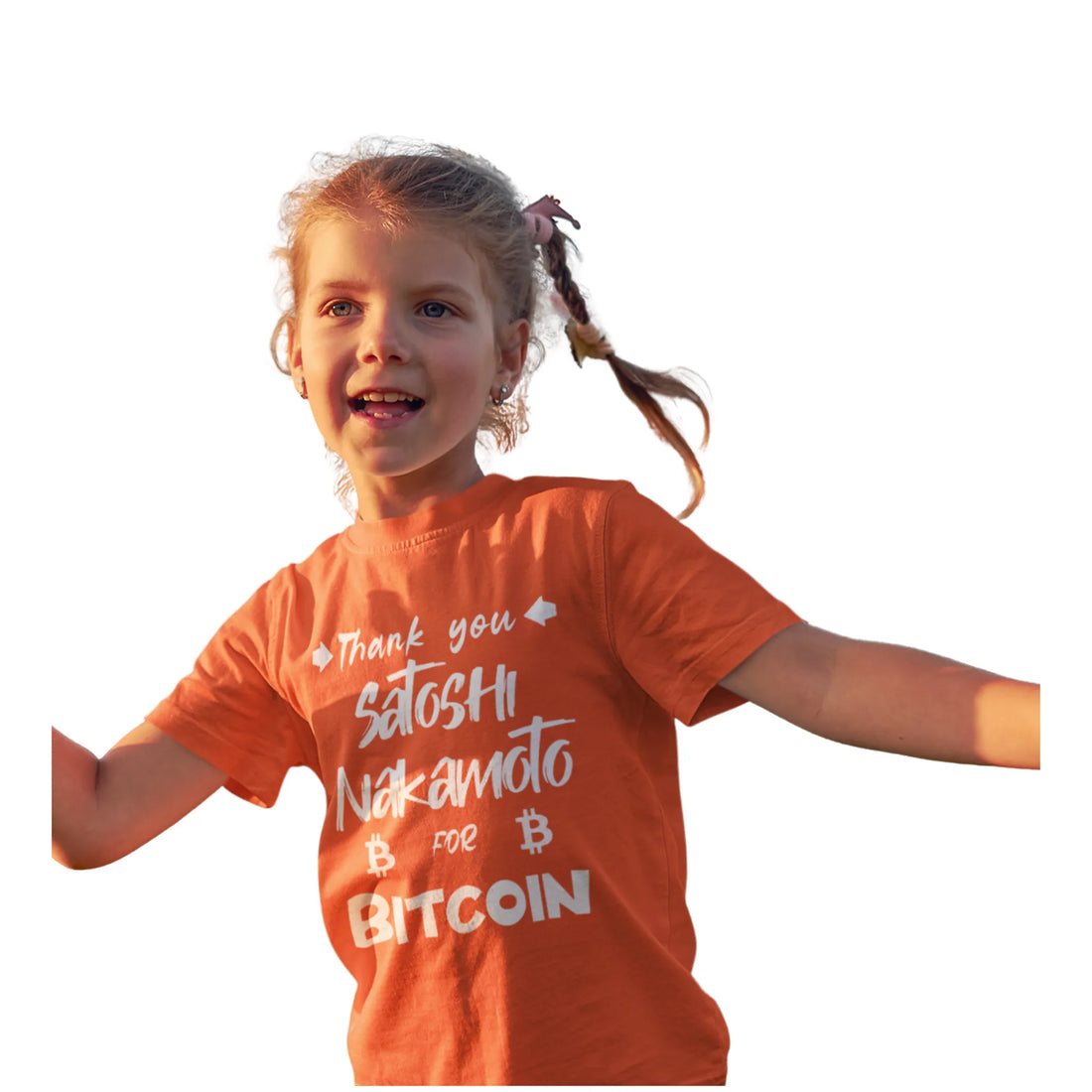 Thank You Satoshi Nakamoto For Bitcoin Kids T-Shirt - Orange - LAT 6101 Model Front - Modern Bitcoin Wear