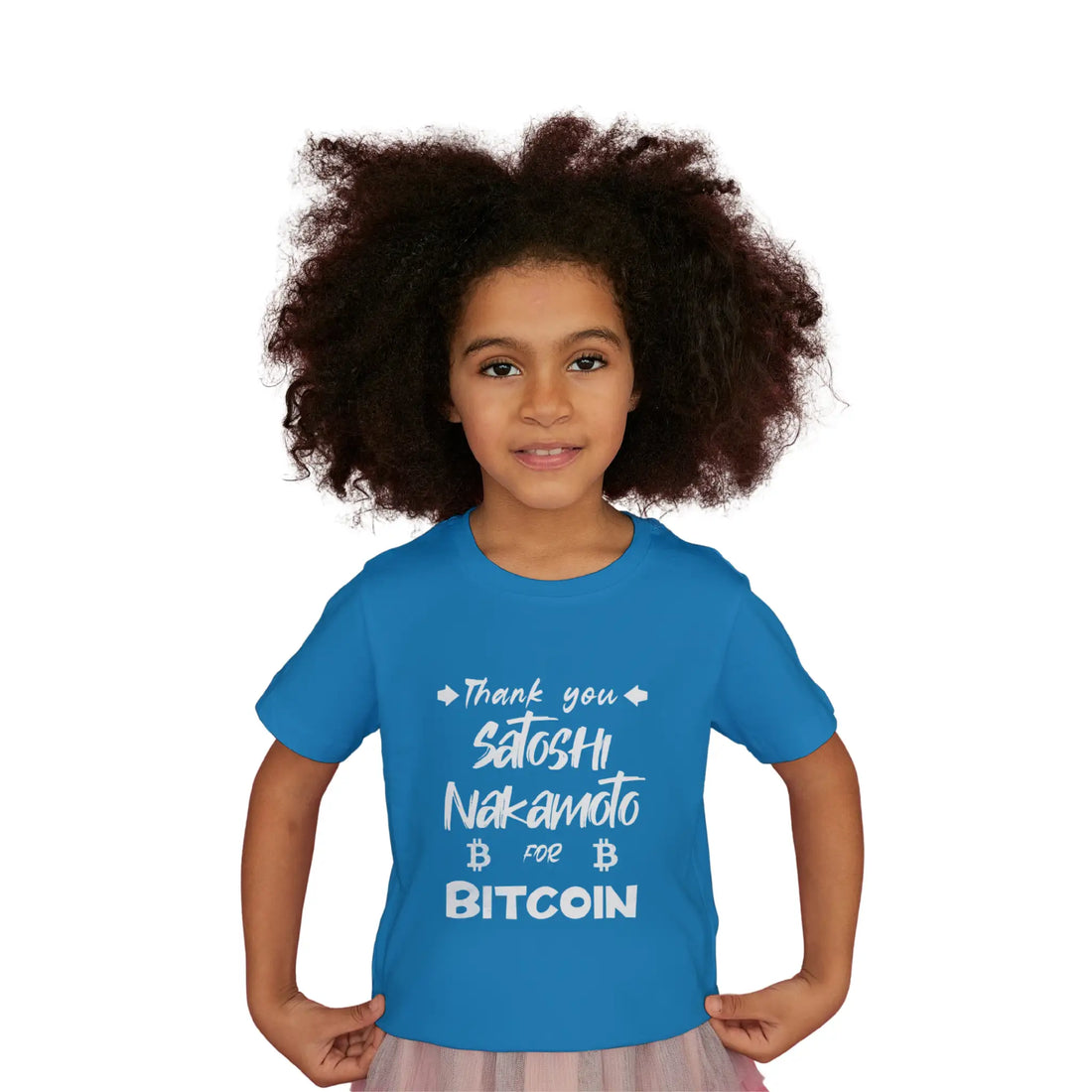 Thank You Satoshi Nakamoto For Bitcoin Kids T-Shirt - Cobalt - LAT 6101 Model Front View - Bitcoin Gear