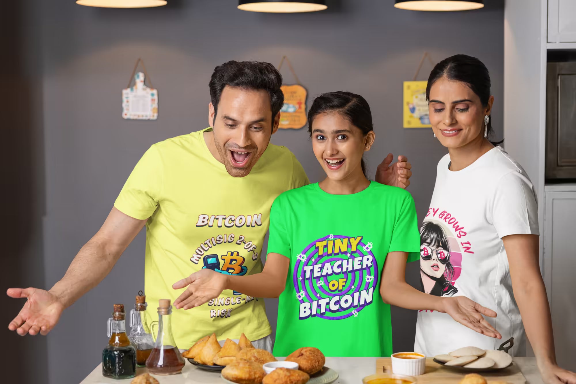 Three people wearing Bitcoin-themed t-shirts in a kitchen setting, embracing true financial freedom and sound money.