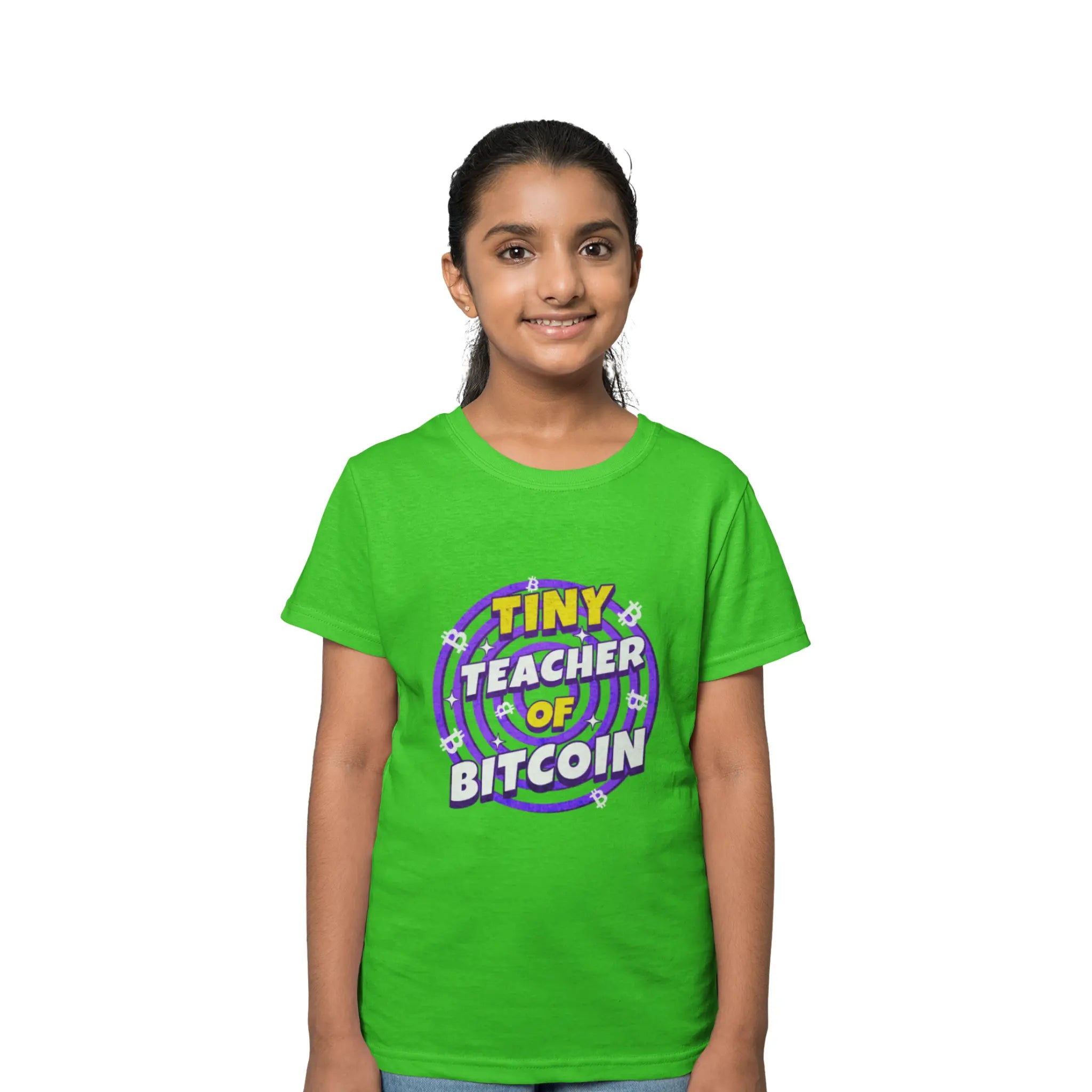 Tiny Teacher of Bitcoin Kids T-Shirt - Apple - LAT 6101 Model Front View - Sovereign Bitcoin Apparel