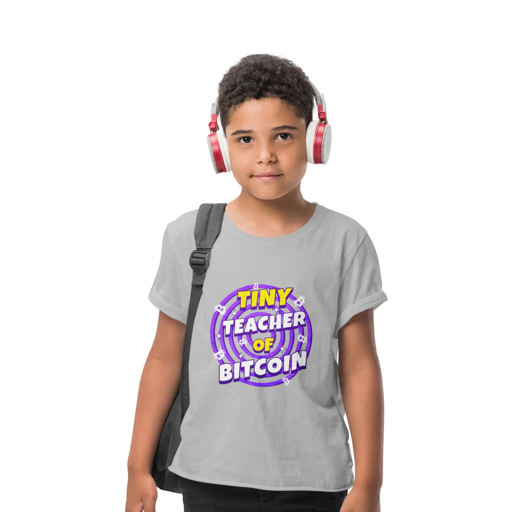 Tiny Teacher of Bitcoin Kids T-Shirt - Heather - LAT 6101 Model Front View - Sovereign Bitcoin Apparel