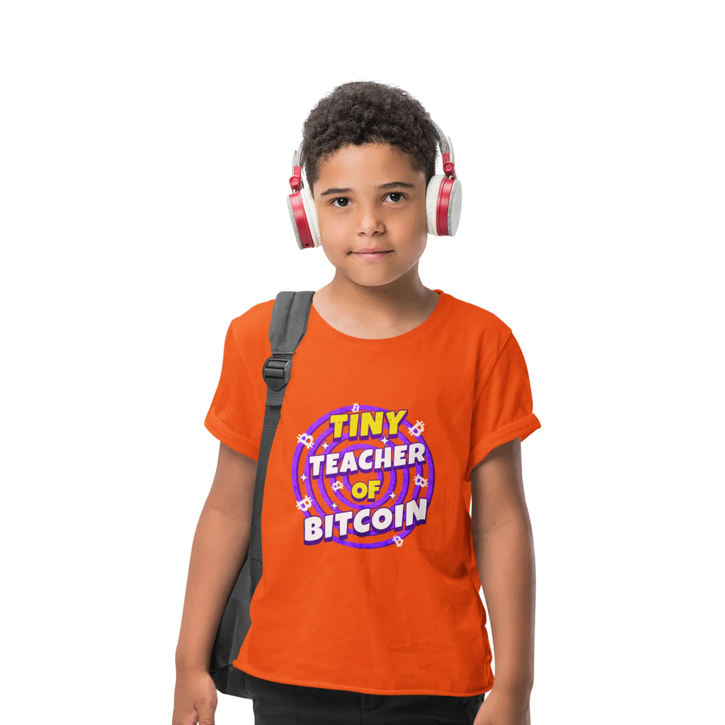 Tiny Teacher of Bitcoin Kids T-Shirt - Orange - LAT 6101 Model Front View - Classic Bitcoin Merch