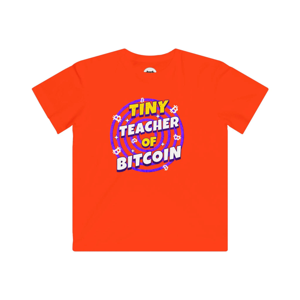 Tiny Teacher of Bitcoin Kids T-Shirt - Orange - LAT 6101 Flat Design View - Classic Bitcoin Merch